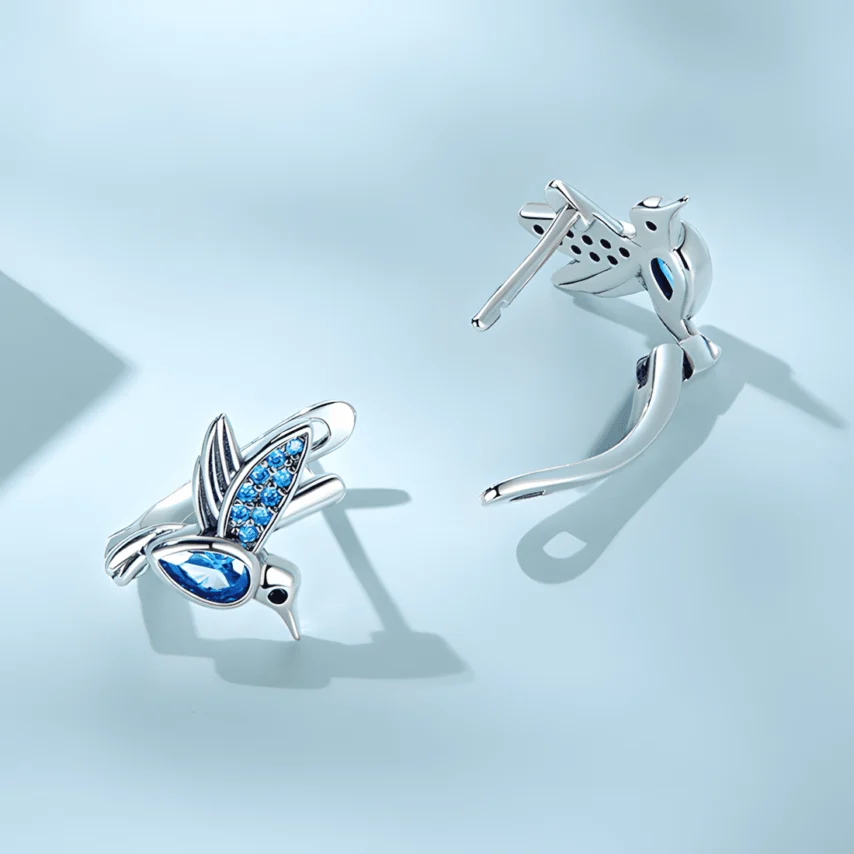 Pendientes de Botón Colibrí <myexti><span>Plata de Ley 925, chapada en oro blanco, con circonitas azules</span></myexti> - Imagen 5