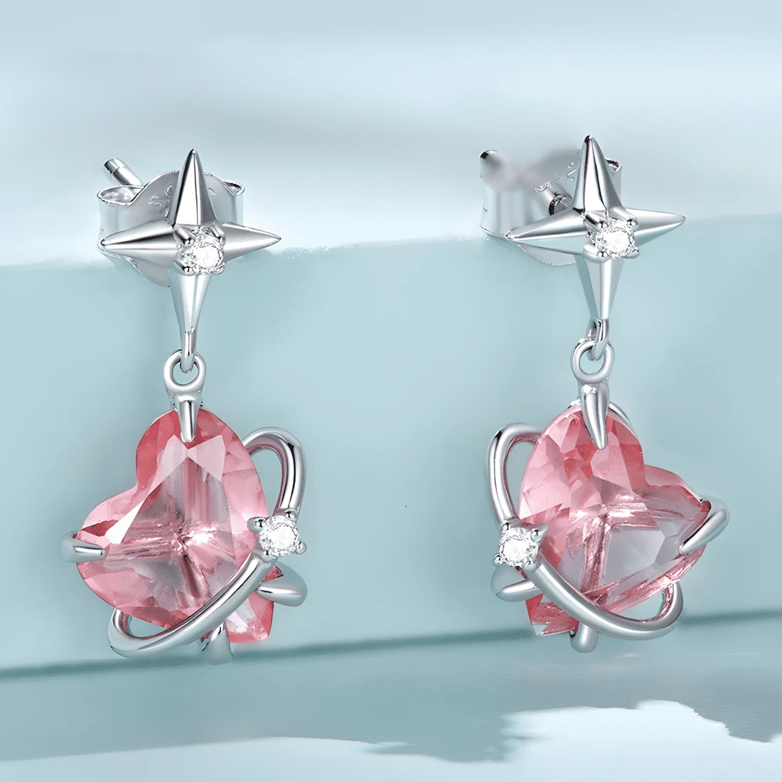 Pendientes Colgantes de Corazones y Estrellas <myexti><span>Plata de Ley 925, chapada en oro blanco, con circonitas rosas en forma de corazón</span></myexti> - Imagen 3