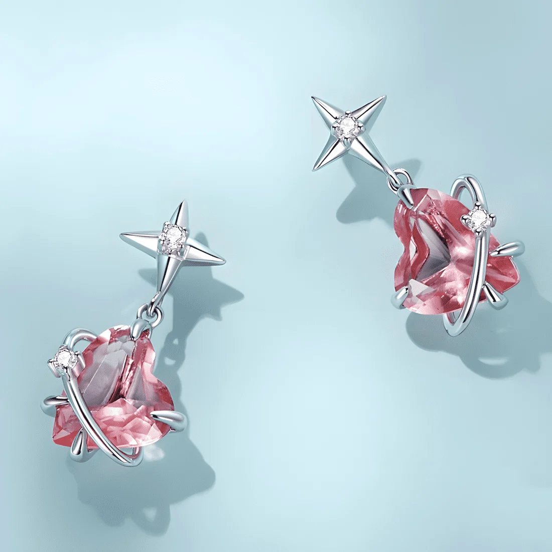 Pendientes Colgantes de Corazones y Estrellas <myexti><span>Plata de Ley 925, chapada en oro blanco, con circonitas rosas en forma de corazón</span></myexti> - Imagen 4