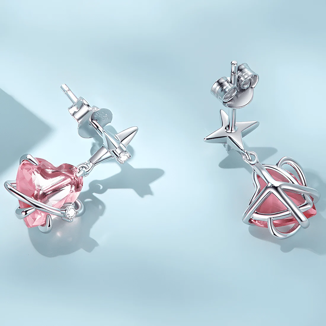 Pendientes Colgantes de Corazones y Estrellas <myexti><span>Plata de Ley 925, chapada en oro blanco, con circonitas rosas en forma de corazón</span></myexti> - Imagen 5