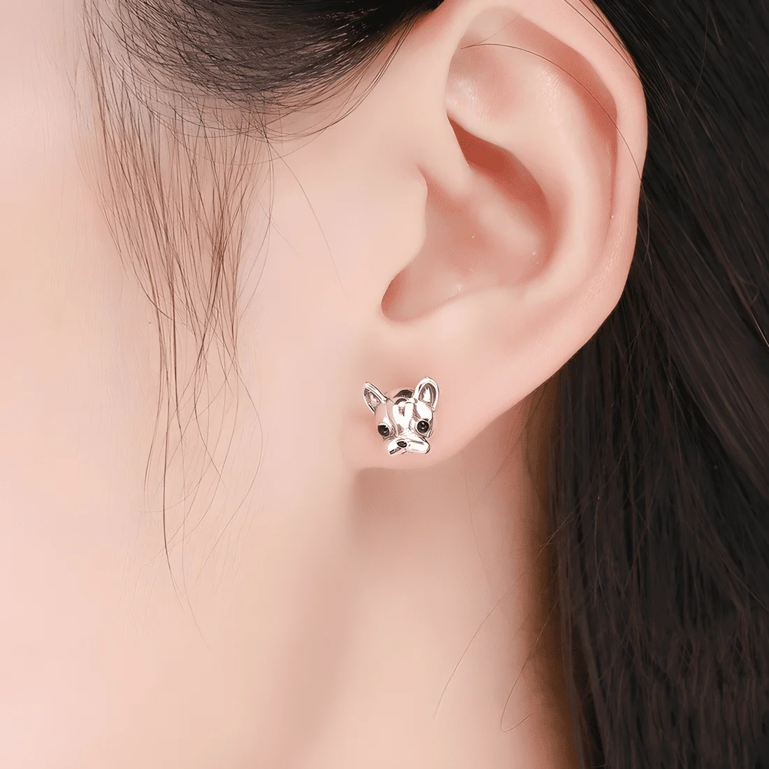 Pendientes de Botón Perro Bulldog Francés <myexti><span>Plata de Ley 925, chapada en oro blanco</span></myexti> - Imagen 2