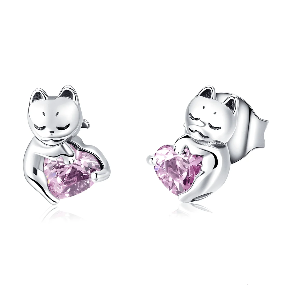 Pendientes de Botón Gatos con Corazones <myexti><span>Plata de Ley 925, chapada en oro blanco, con circonitas rosas</span></myexti>