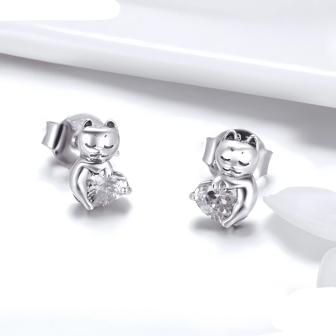 Pendientes de Botón Gatos con Corazones <myexti><span>Plata de Ley 925, chapada en oro blanco, con circonitas rosas</span></myexti> - Imagen 2