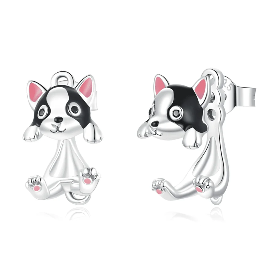 Pendientes de Botón Perro Bulldog Francés <myexti><span>Plata de Ley 925, chapada en oro blanco, esmaltados a mano</span></myexti>