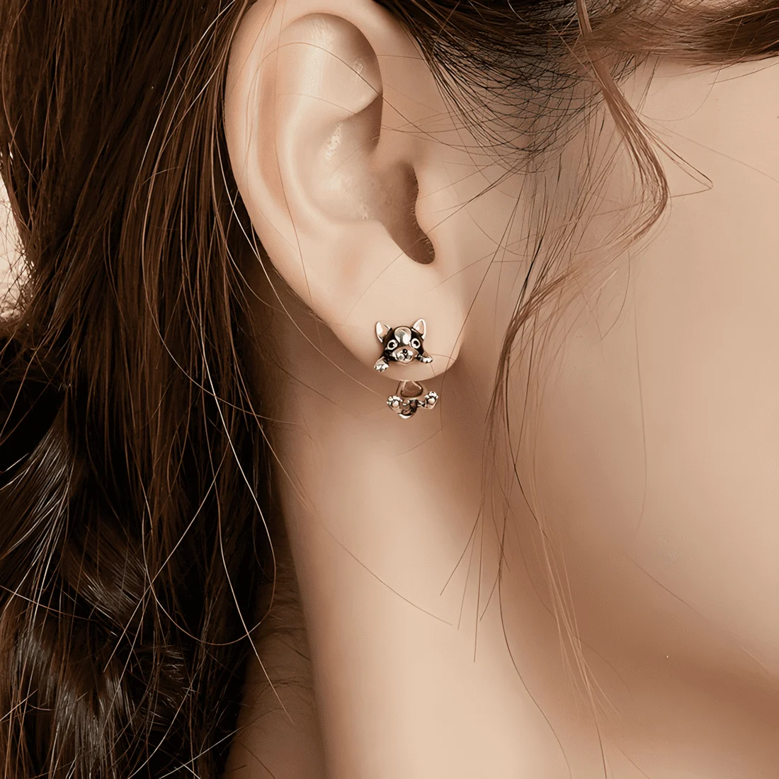 Pendientes de Botón Perro Bulldog Francés <myexti><span>Plata de Ley 925, chapada en oro blanco, esmaltados a mano</span></myexti> - Imagen 2