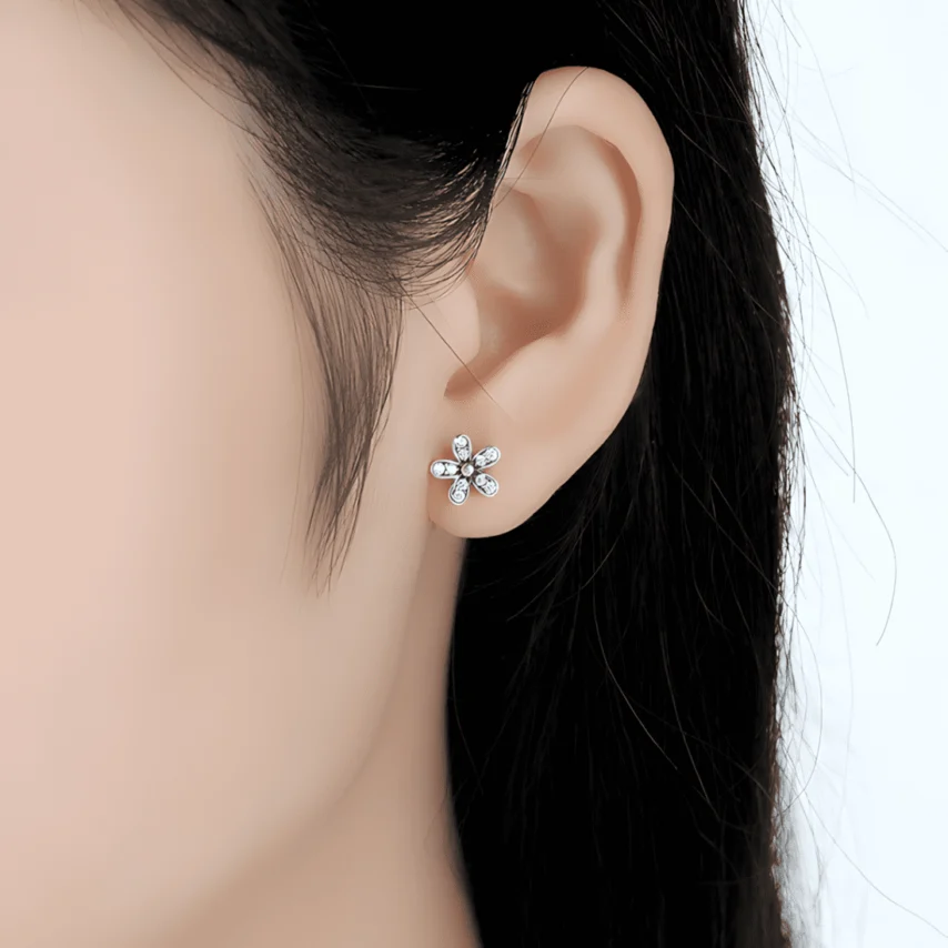 Pendientes de Botón Flores <myexti><span>Plata de Ley 925, chapada en oro blanco, con circonitas</span></myexti> - Imagen 2