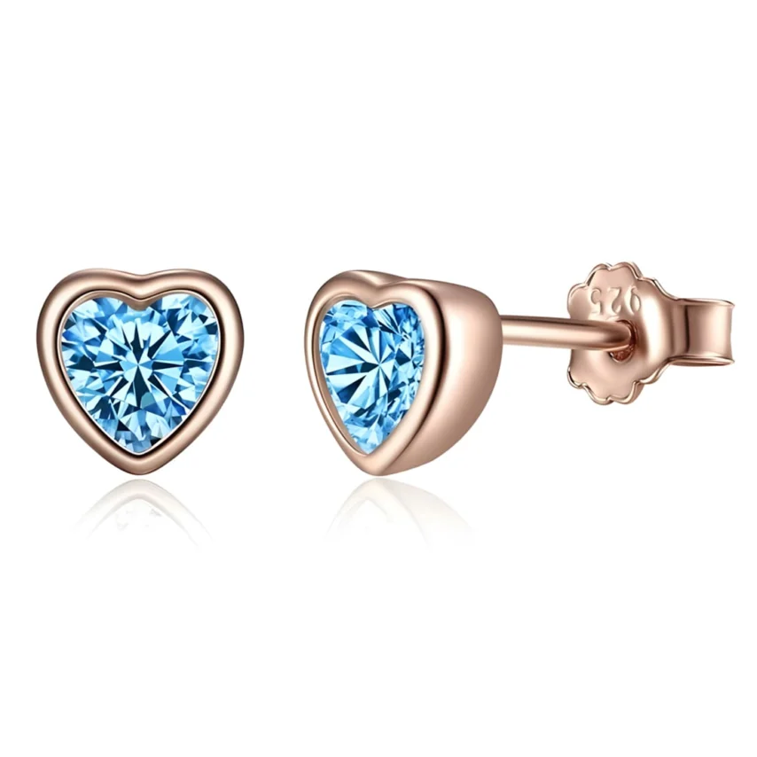 Pendientes de Botón Corazones Azules <myexti><span>Plata de Ley 925, chapada en oro rosa, con circonitas azul claro</span></myexti>