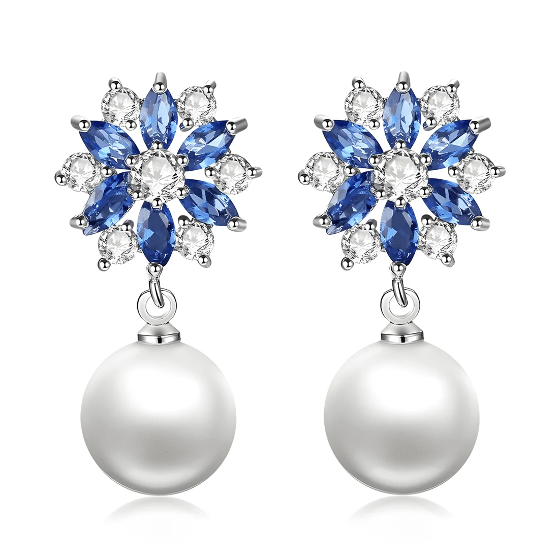 Pendientes de Gota Copo de Nieve con Perlas <myexti><span>Plata de Ley 925, chapada en oro blanco, con circonitas azules y blancas y perlas naturales</span></myexti>