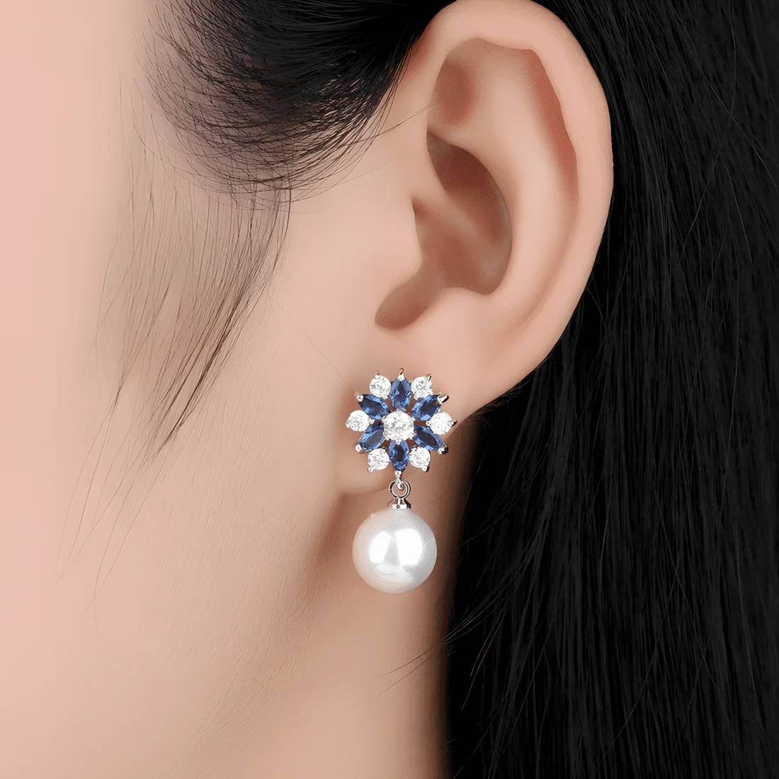 Pendientes de Gota Copo de Nieve con Perlas <myexti><span>Plata de Ley 925, chapada en oro blanco, con circonitas azules y blancas y perlas naturales</span></myexti> - Imagen 2