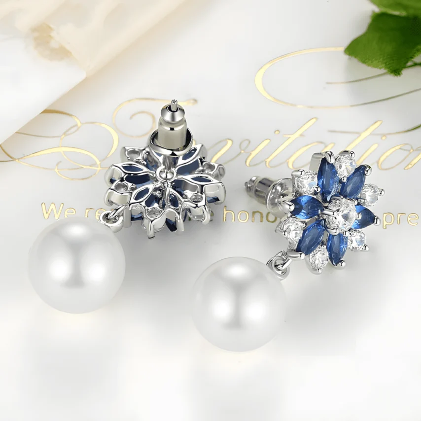 Pendientes de Gota Copo de Nieve con Perlas <myexti><span>Plata de Ley 925, chapada en oro blanco, con circonitas azules y blancas y perlas naturales</span></myexti> - Imagen 4