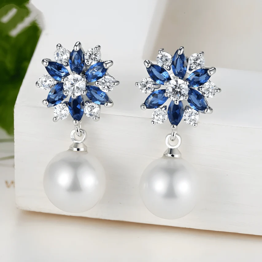 Pendientes de Gota Copo de Nieve con Perlas <myexti><span>Plata de Ley 925, chapada en oro blanco, con circonitas azules y blancas y perlas naturales</span></myexti> - Imagen 5