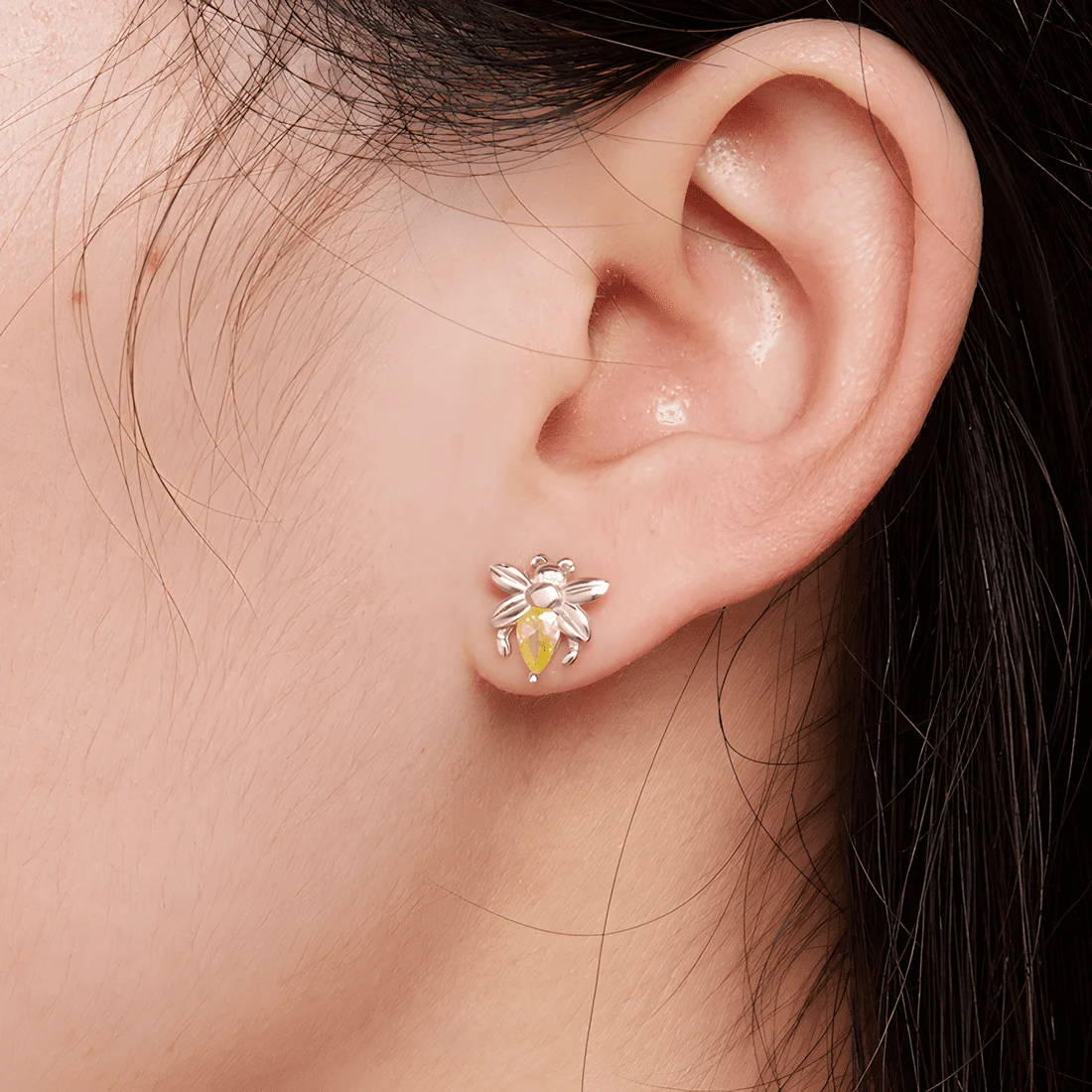 Pendientes de Botón Abeja <myexti><span>Plata de Ley 925, chapada en oro blanco, con circonitas amarillas</span></myexti> - Imagen 2