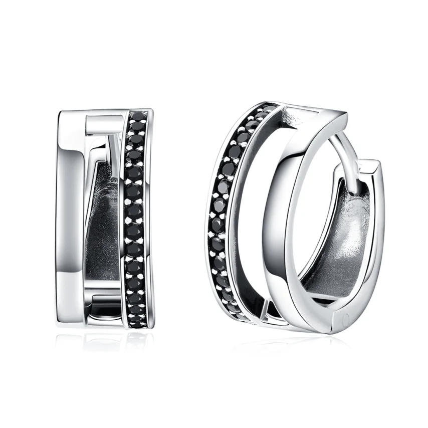 Pendientes de Aro Dobles <myexti><span>Plata de Ley 925, chapada en oro blanco, con circonitas negras</span></myexti>