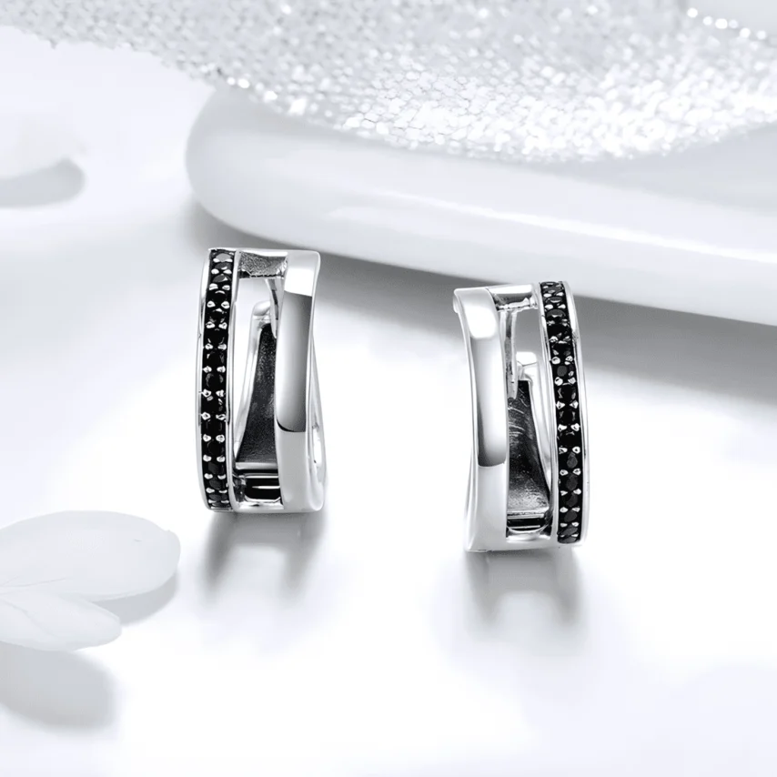 Pendientes de Aro Dobles <myexti><span>Plata de Ley 925, chapada en oro blanco, con circonitas negras</span></myexti> - Imagen 3