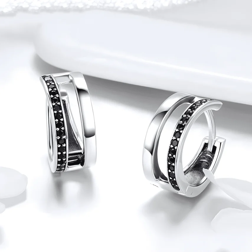 Pendientes de Aro Dobles <myexti><span>Plata de Ley 925, chapada en oro blanco, con circonitas negras</span></myexti> - Imagen 4