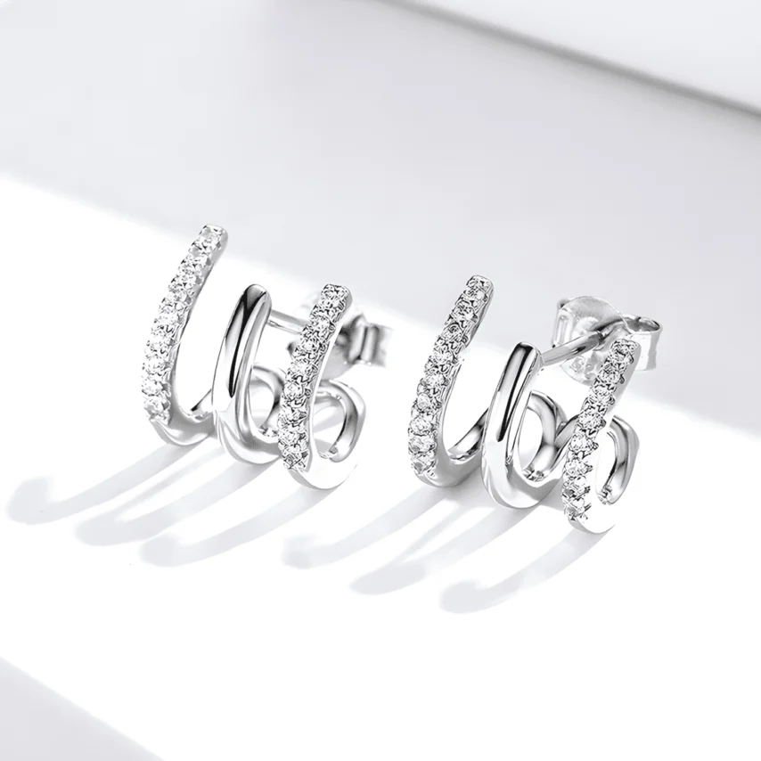 Pendientes de Aro Triples <myexti><span>Plata de Ley 925, chapada en oro blanco, con circonitas</span></myexti> - Imagen 3