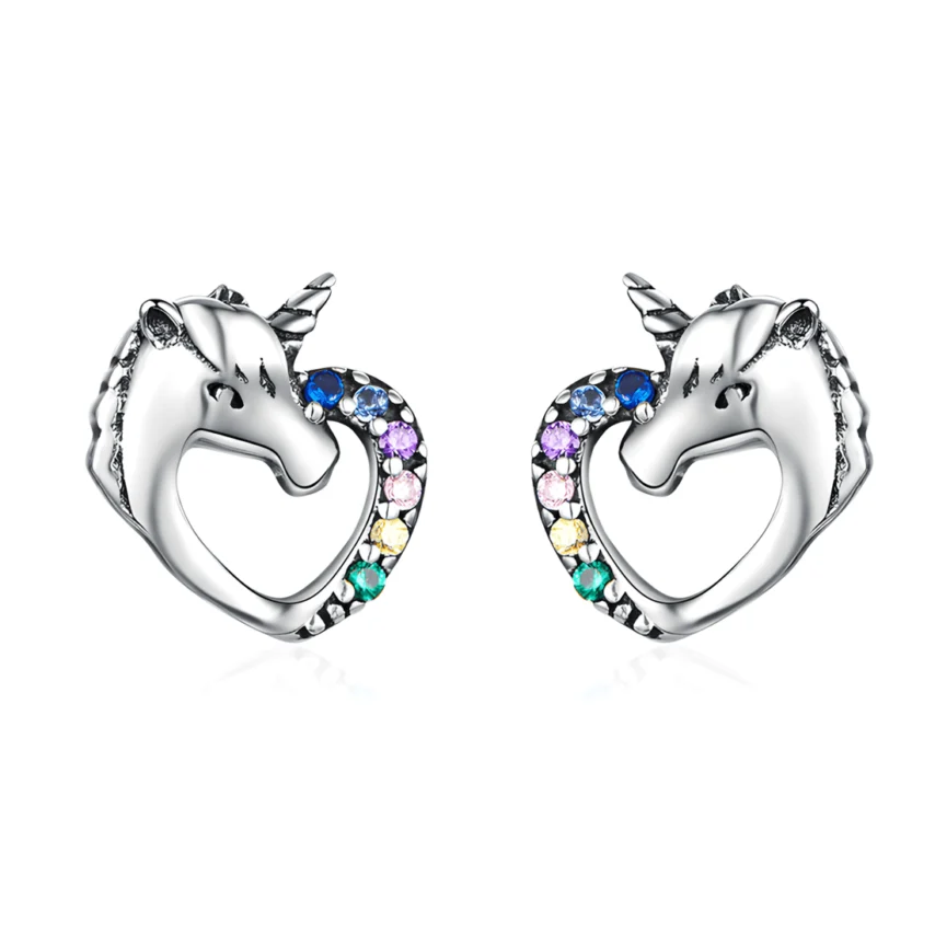 Pendientes de Botón Unicornio <myexti><span>Plata de Ley 925, chapada en oro blanco, con circonitas de colores</span></myexti>