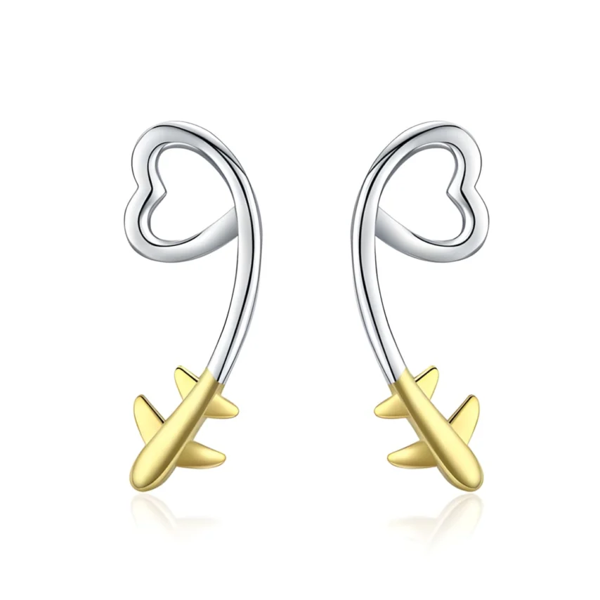 Pendientes de Corazón con Avión <myexti><span>Plata de Ley 925, chapada en oro blanco, con detalle de avión chapado en oro amarillo</span></myexti>
