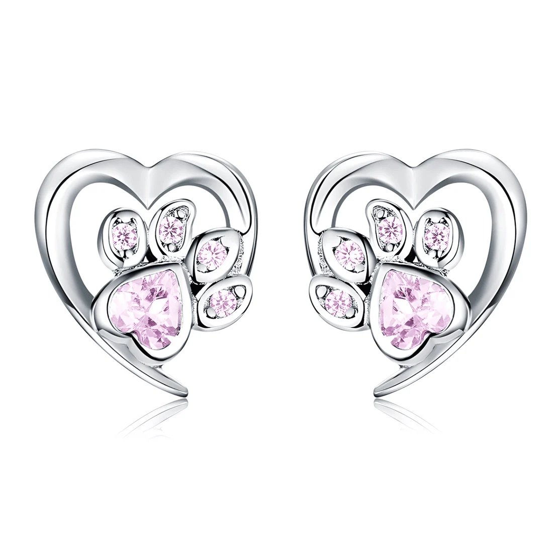 Pendientes de Botón Corazón con Huella <myexti><span>Plata de Ley 925, chapada en oro blanco, con circonitas rosas</span></myexti>