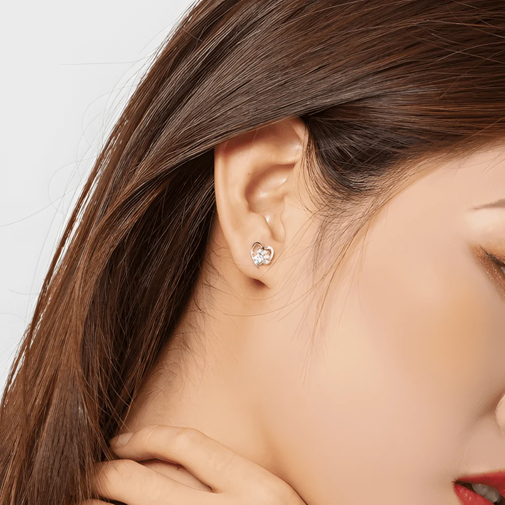 Pendientes de Botón Corazón con Huella <myexti><span>Plata de Ley 925, chapada en oro blanco, con circonitas rosas</span></myexti> - Imagen 2
