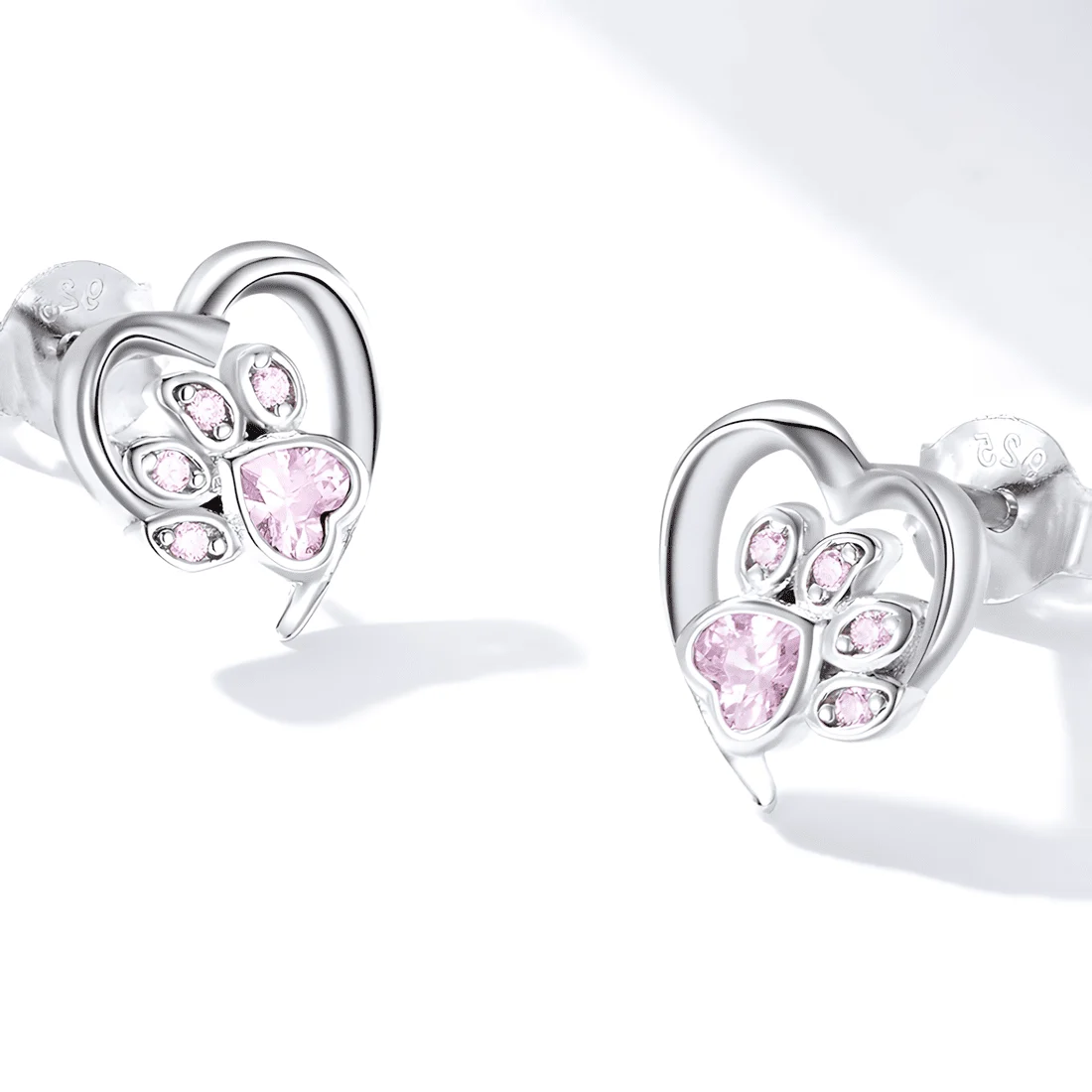 Pendientes de Botón Corazón con Huella <myexti><span>Plata de Ley 925, chapada en oro blanco, con circonitas rosas</span></myexti> - Imagen 3