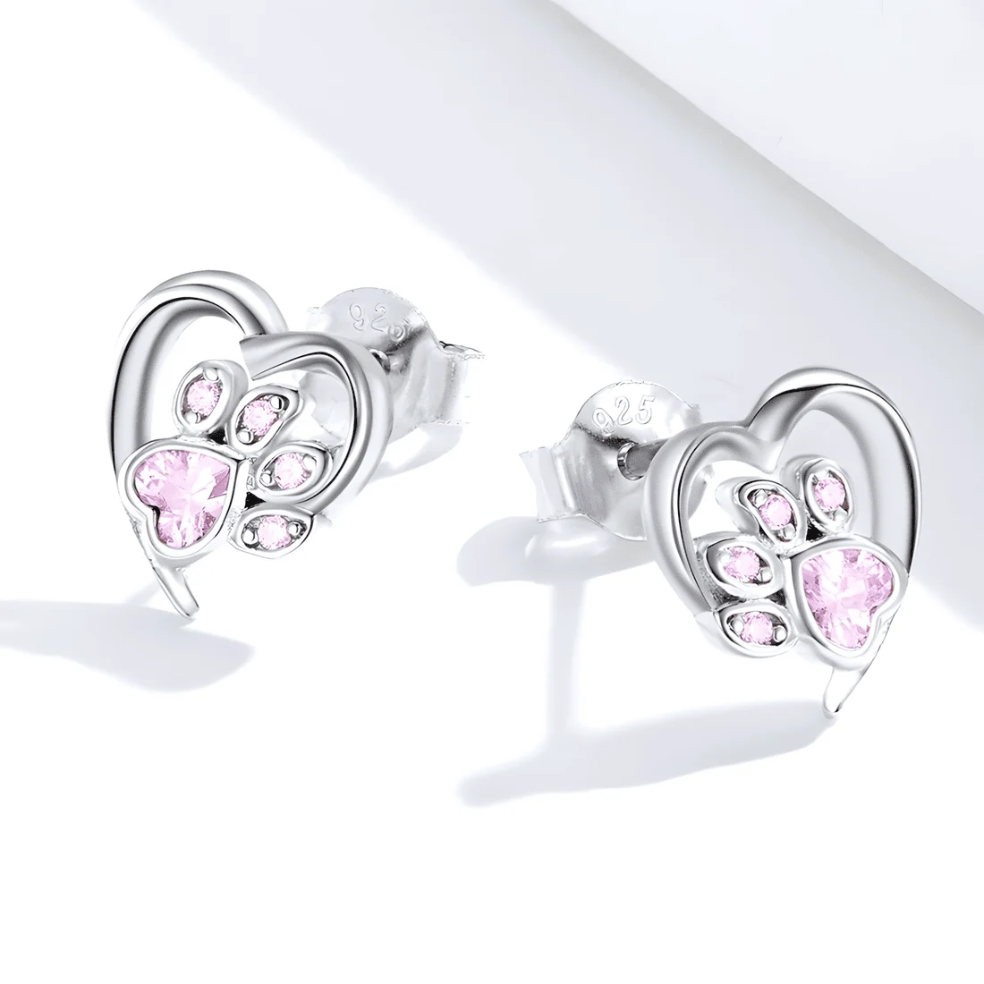 Pendientes de Botón Corazón con Huella <myexti><span>Plata de Ley 925, chapada en oro blanco, con circonitas rosas</span></myexti> - Imagen 4