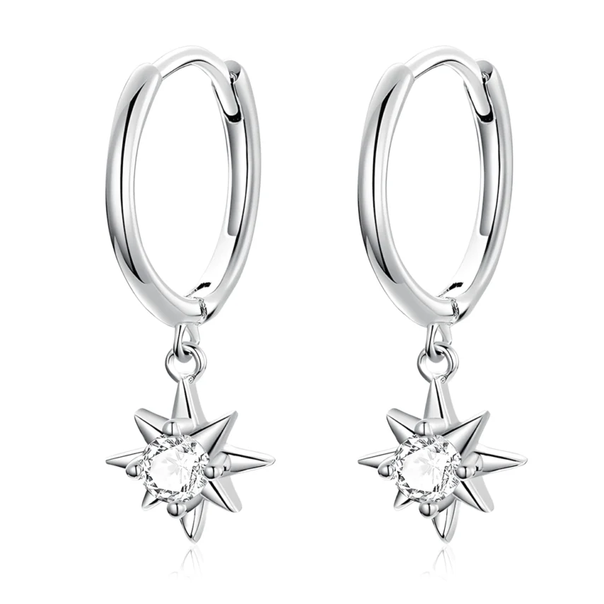 Pendientes de Aro con Estrellas Colgantes <myexti><span>Plata de Ley 925, chapada en oro blanco, con circonitas</span></myexti>