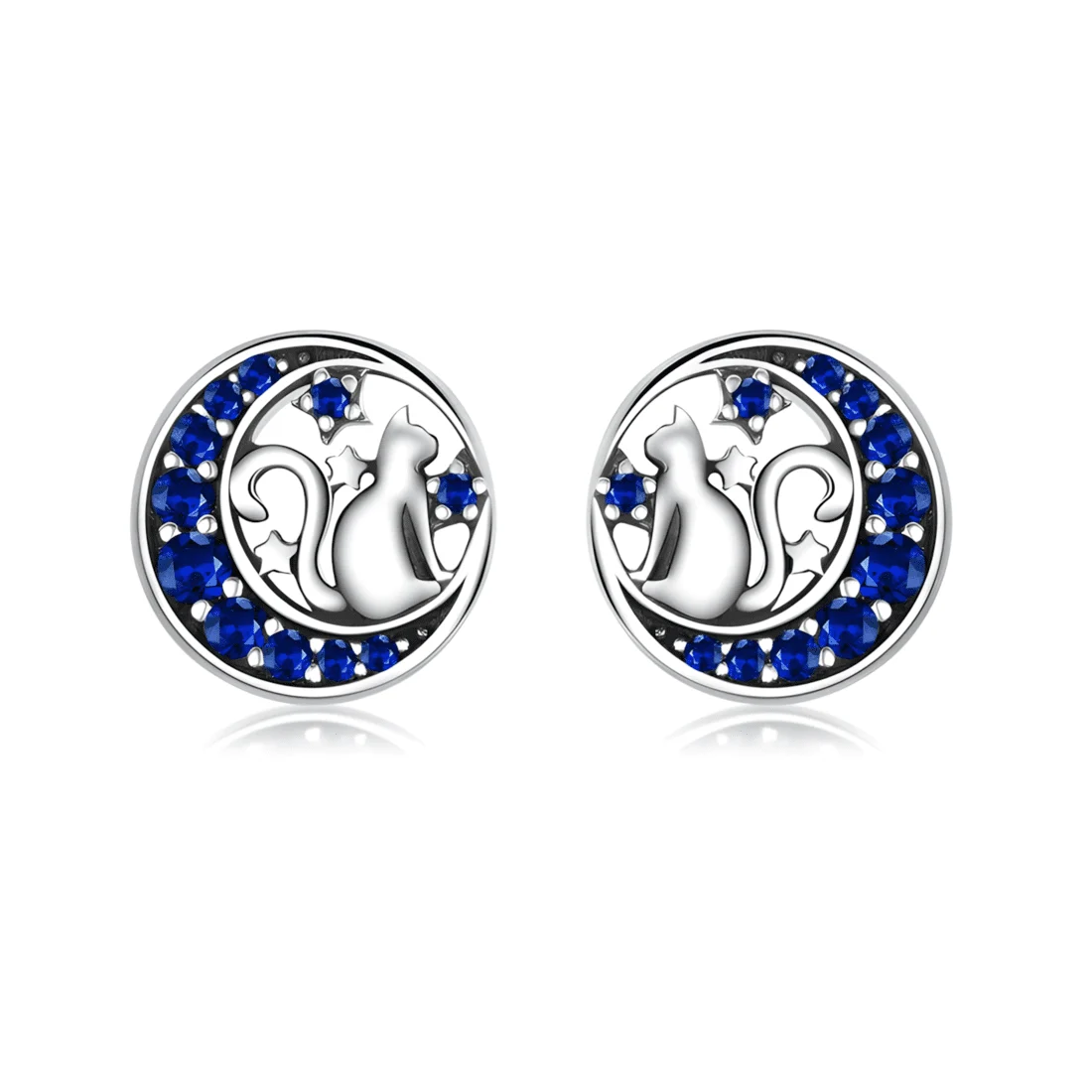 Pendientes de Botón Gato en la Luna <myexti><span>Plata de Ley 925, chapada en oro blanco, con circonitas azules</span></myexti>