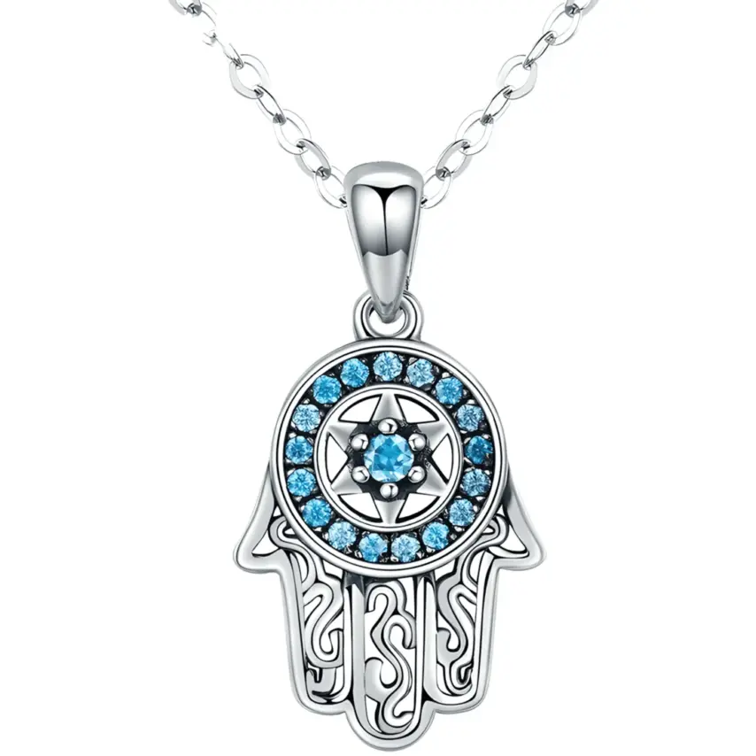 Collar Hamsa <myexti><span>Plata de Ley 925, chapada en oro blanco, con circonitas azules y longitud ajustable</span></myexti>