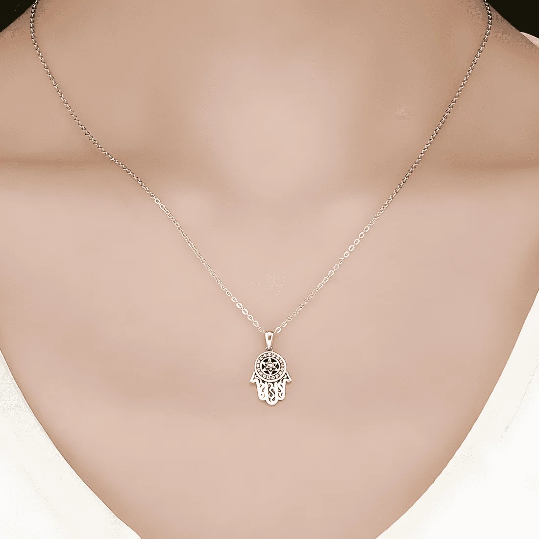 Collar Hamsa <myexti><span>Plata de Ley 925, chapada en oro blanco, con circonitas azules y longitud ajustable</span></myexti> - Imagen 2
