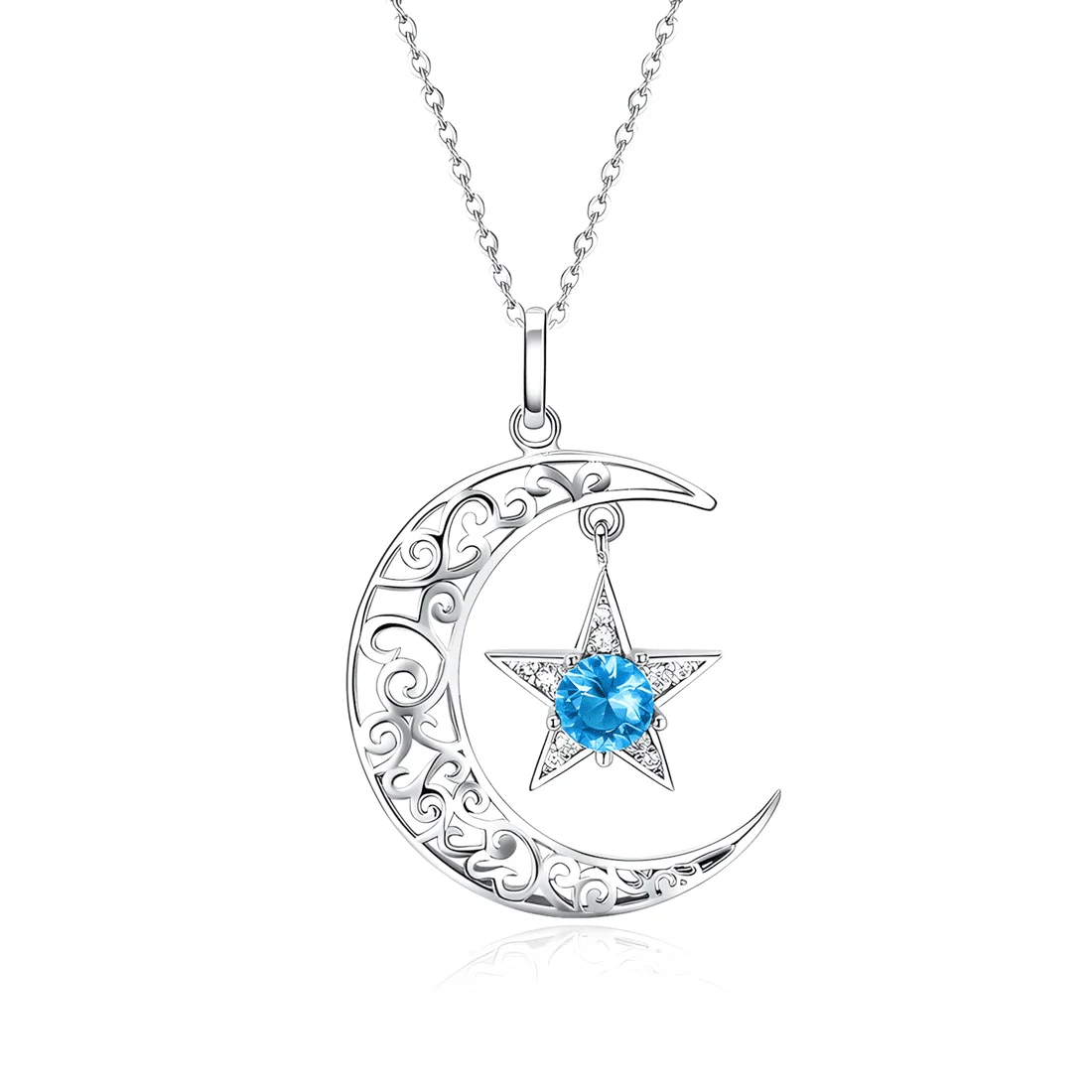 Collar Luna y Estrella <myexti><span>Plata de Ley 925, chapada en oro blanco, con circonitas blancas y azules y longitud ajustable</span></myexti>