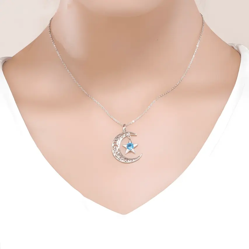 Collar Luna y Estrella <myexti><span>Plata de Ley 925, chapada en oro blanco, con circonitas blancas y azules y longitud ajustable</span></myexti> - Imagen 2