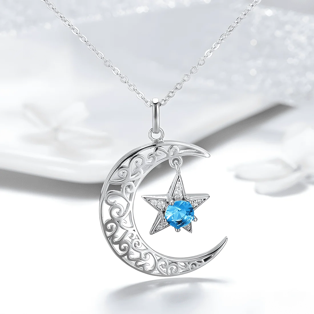 Collar Luna y Estrella <myexti><span>Plata de Ley 925, chapada en oro blanco, con circonitas blancas y azules y longitud ajustable</span></myexti> - Imagen 3