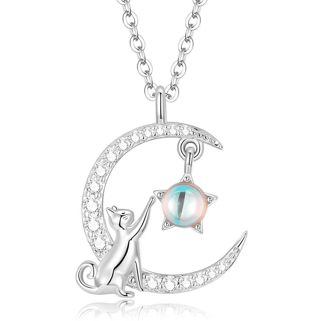Collar Gato en la Luna <myexti><span>Plata de Ley 925, chapada en oro blanco, con circonitas y piedra de luna, con longitud ajustable</span></myexti>