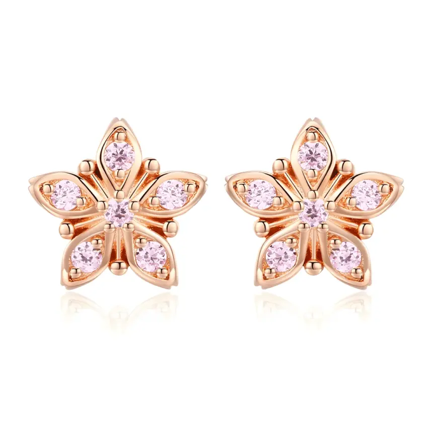 Pendientes de Botón Flores <myexti><span>Plata de Ley 925, chapada en oro rosa, con circonitas rosas</span></myexti>