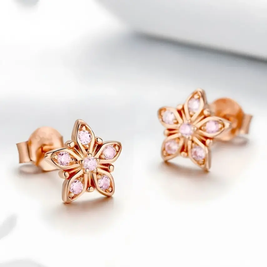 Pendientes de Botón Flores <myexti><span>Plata de Ley 925, chapada en oro rosa, con circonitas rosas</span></myexti> - Imagen 3