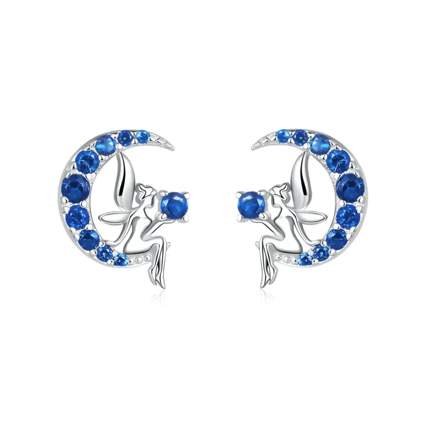 Pendientes de Botón Hada en la Luna <myexti><span>Plata de Ley 925, chapada en oro blanco, con circonitas azules</span></myexti>