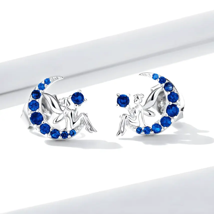 Pendientes de Botón Hada en la Luna <myexti><span>Plata de Ley 925, chapada en oro blanco, con circonitas azules</span></myexti> - Imagen 3