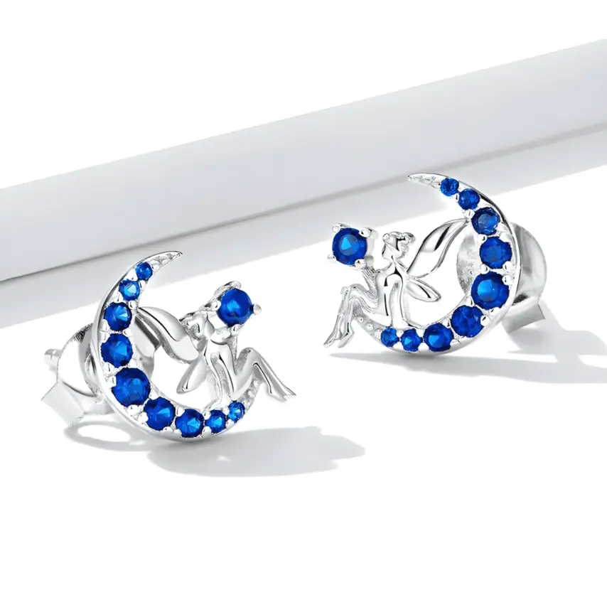Pendientes de Botón Hada en la Luna <myexti><span>Plata de Ley 925, chapada en oro blanco, con circonitas azules</span></myexti> - Imagen 4