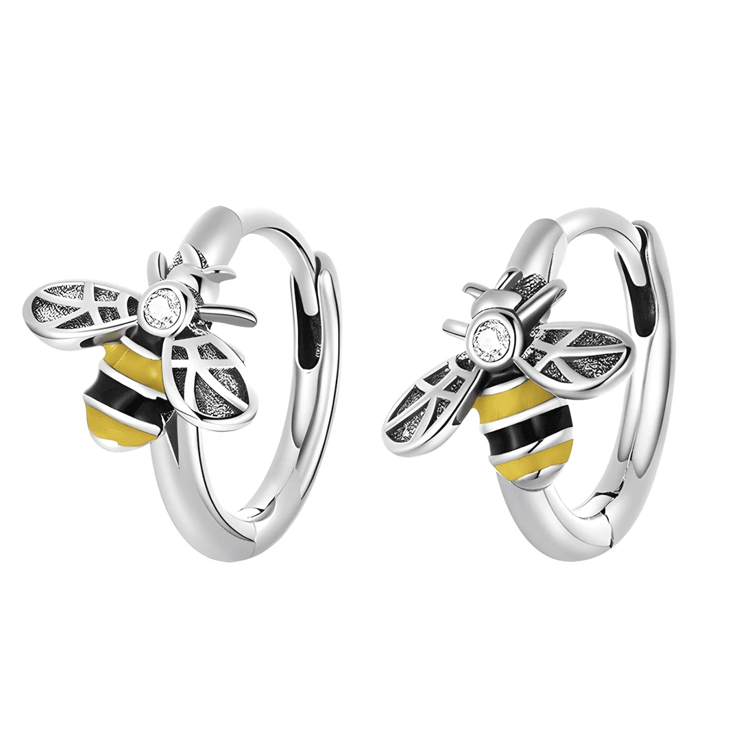 Pendientes de Aro Abeja <myexti><span>Plata de Ley 925, chapada en oro blanco, esmaltada en amarillo y negro</span></myexti>