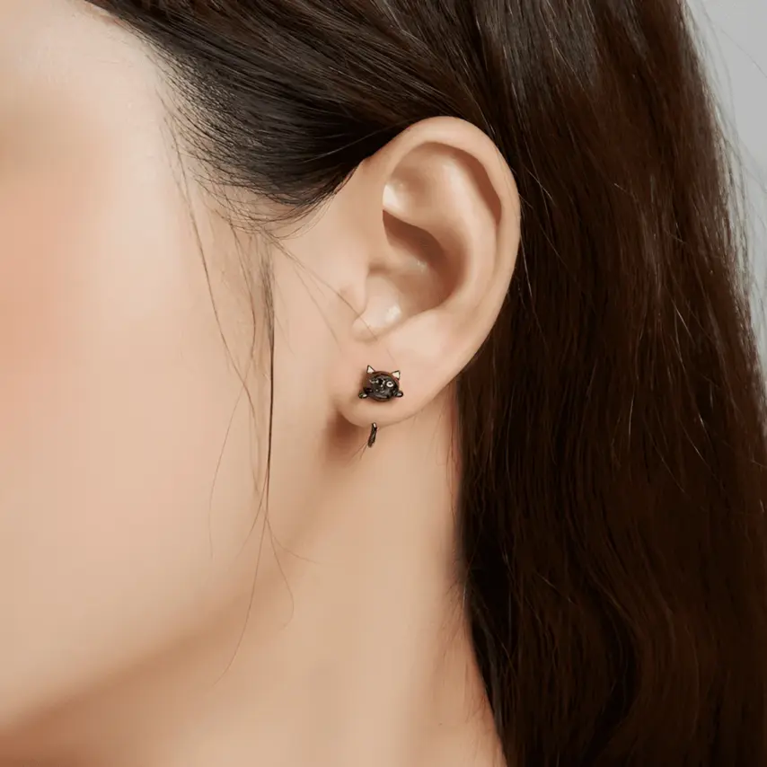Pendientes de Botón Gato Negro <myexti><span>Plata de Ley 925, chapada en negro, con detalles esmaltados</span></myexti> - Imagen 2