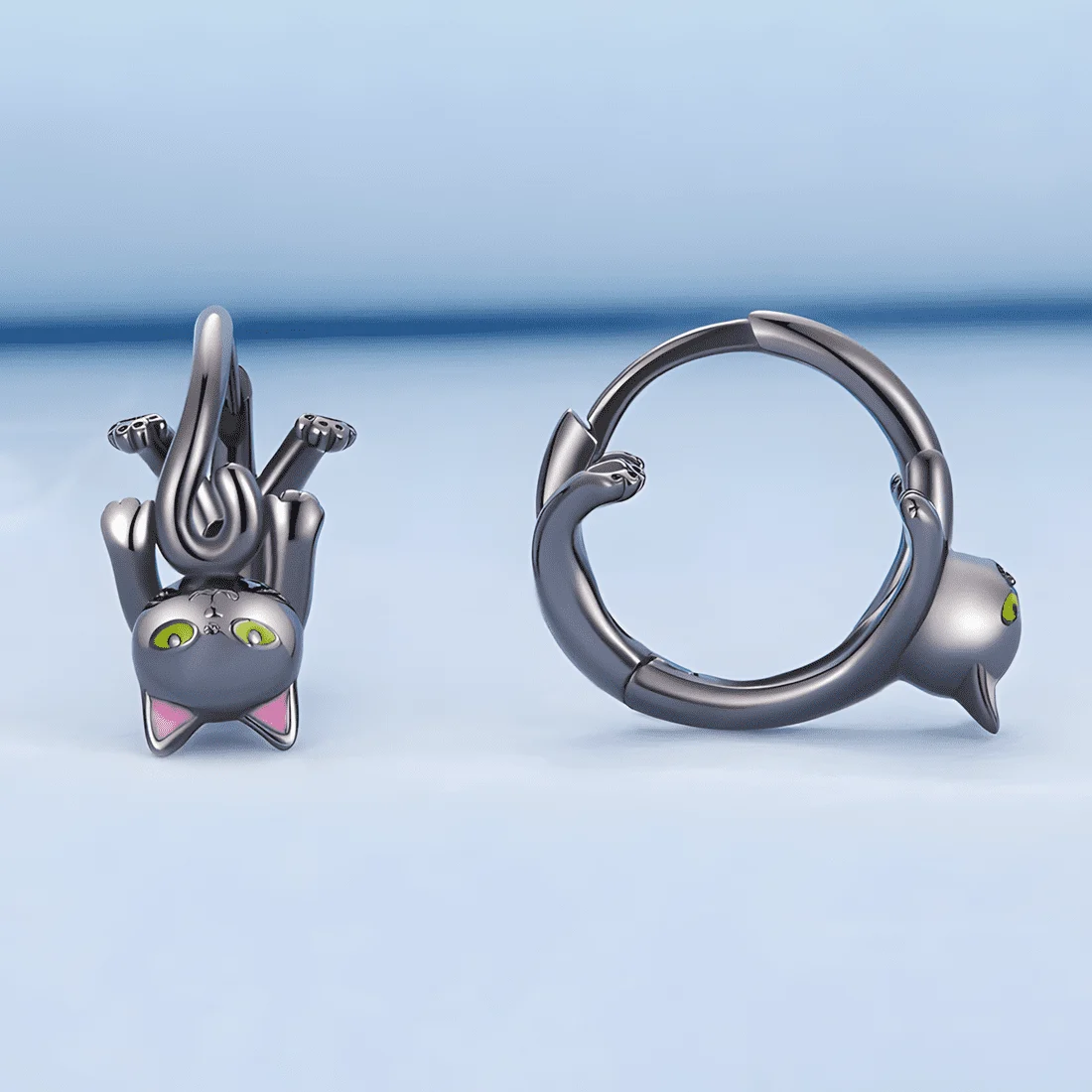 Pendientes de Aro Gato Negro <myexti><span>Plata de Ley 925, chapada en negro, con detalles esmaltados</span></myexti> - Imagen 3