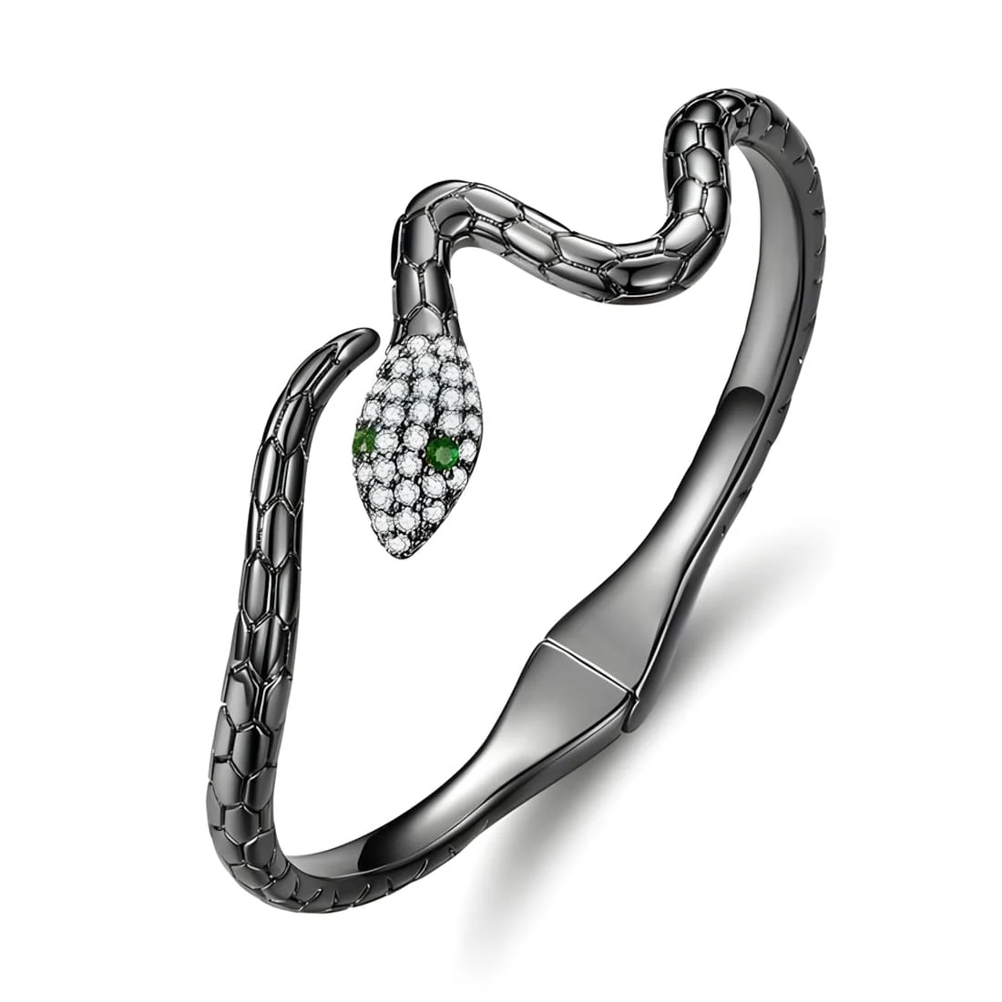 Pulsera Serpiente Tipo Brazalete <myexti><span>Acero inoxidable, chapada en negro, con circonitas verdes y blancas</span></myexti>
