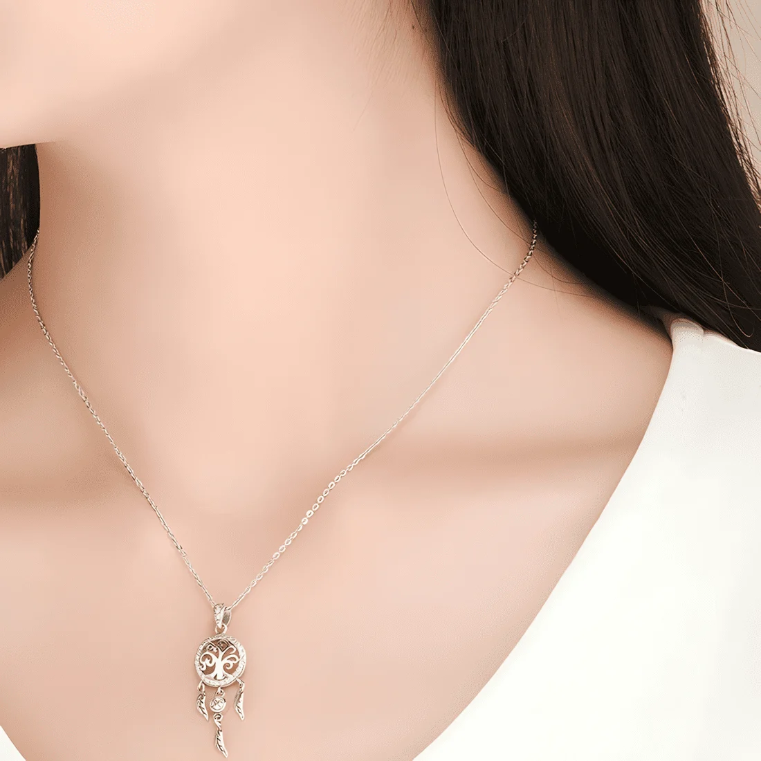 Collar Atrapasueños con Árbol de la Vida <myexti><span>Plata de Ley 925, chapada en oro blanco, con circonitas</span></myexti> - Imagen 2