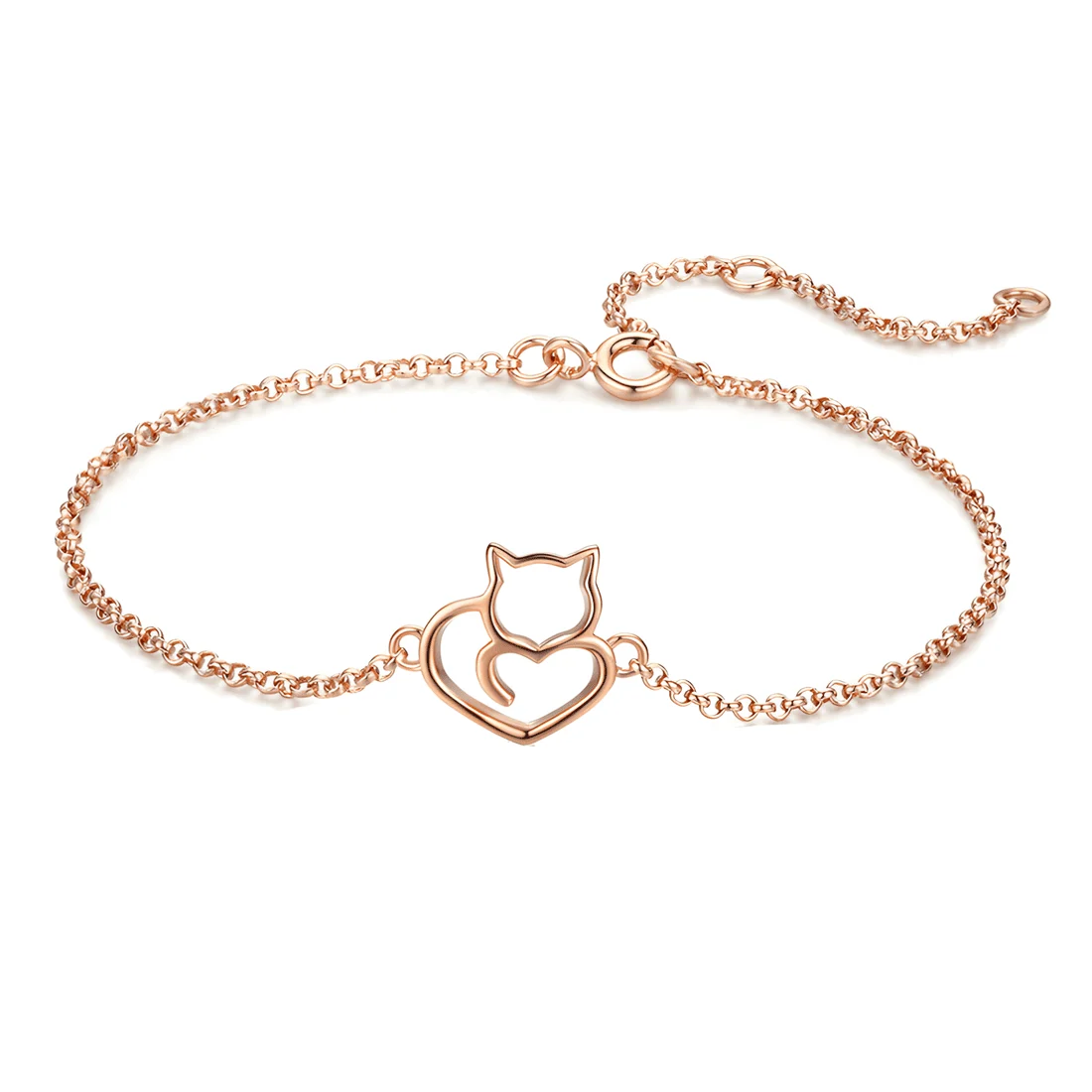 Pulsera con Gato y Corazón <myexti><span>Plata de Ley 925, chapada en oro rosa, con longitud ajustable</span></myexti>