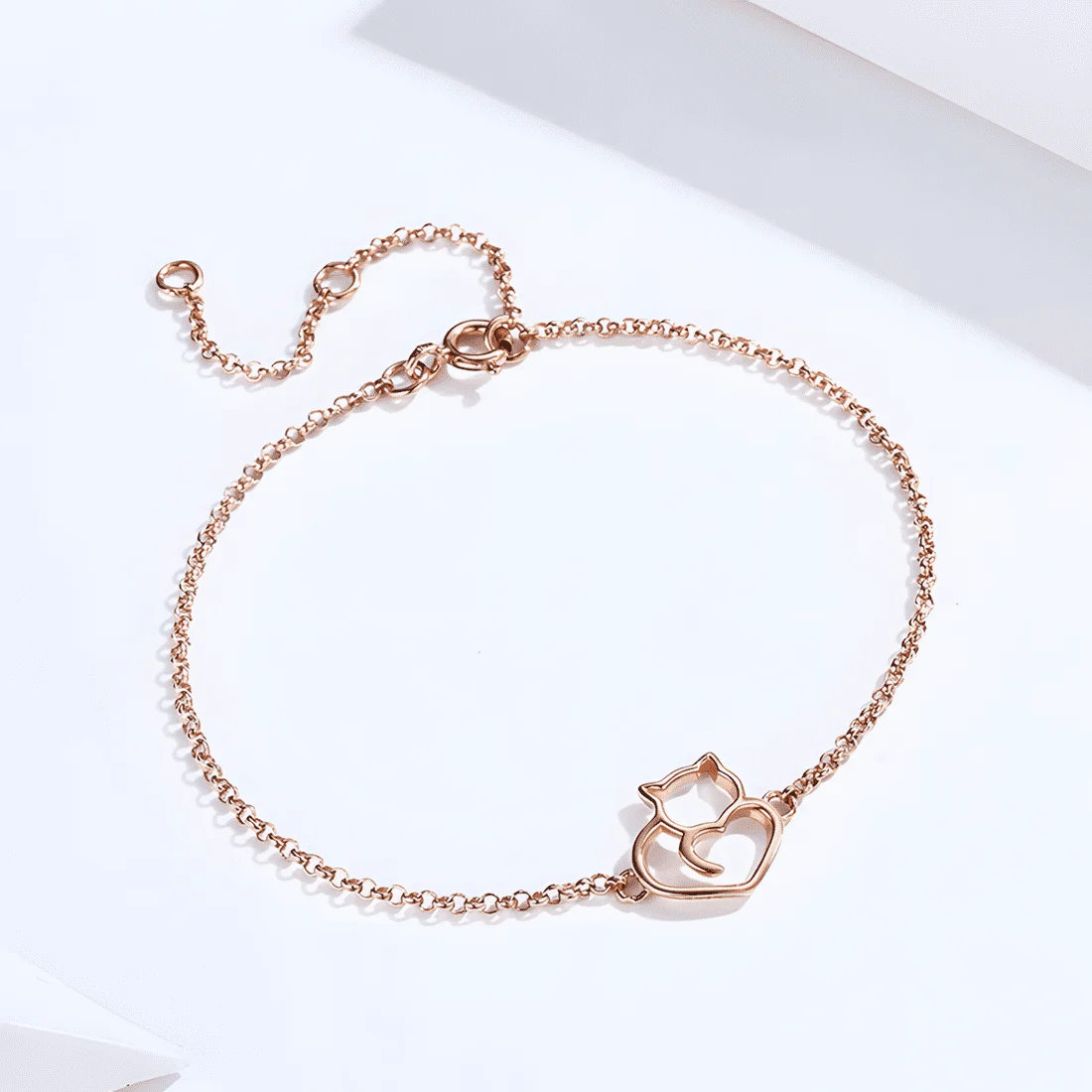 Pulsera con Gato y Corazón <myexti><span>Plata de Ley 925, chapada en oro rosa, con longitud ajustable</span></myexti> - Imagen 4
