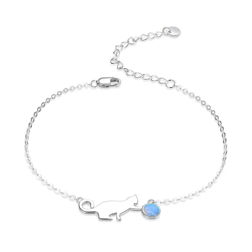 Pulsera Gato Juguetón <myexti><span>Plata de Ley 925, chapada en oro blanco, con ópalo y longitud ajustable</span></myexti>