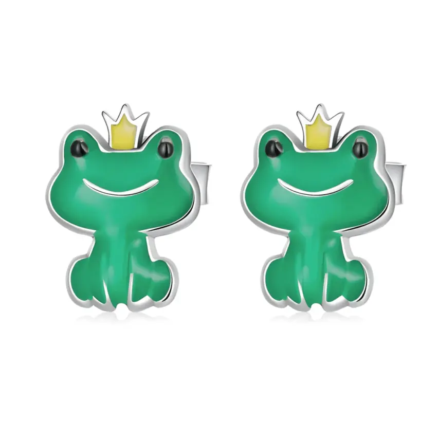 Pendientes de Botón Príncipe Rana <myexti><span>Plata de Ley 925, chapada en oro blanco, con esmalte verde</span></myexti>