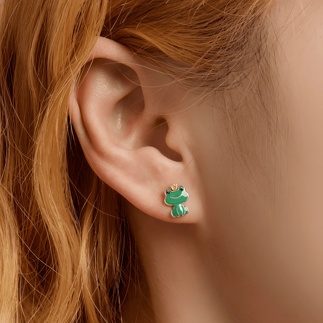 Pendientes de Botón Príncipe Rana <myexti><span>Plata de Ley 925, chapada en oro blanco, con esmalte verde</span></myexti> - Imagen 2