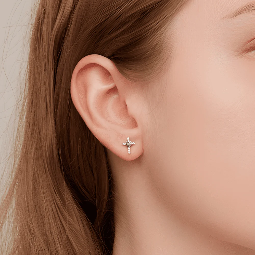 Pendientes de Botón Cruz <myexti><span>Plata de Ley 925, chapada en oro blanco, con circonitas blancas y azules claras</span></myexti> - Imagen 2